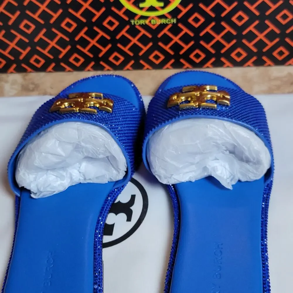 Womens Blue Leather Rhinestone Bling Flats Sz 8 39 Sandals Gold Decor Slides New